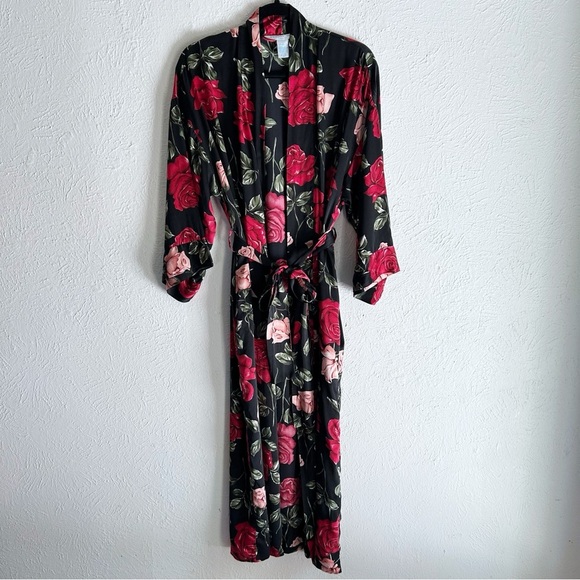 August Silk Y2K Rose Print Maxi Long Robe Black Florals Sz Medium - Picture 1 of 6
